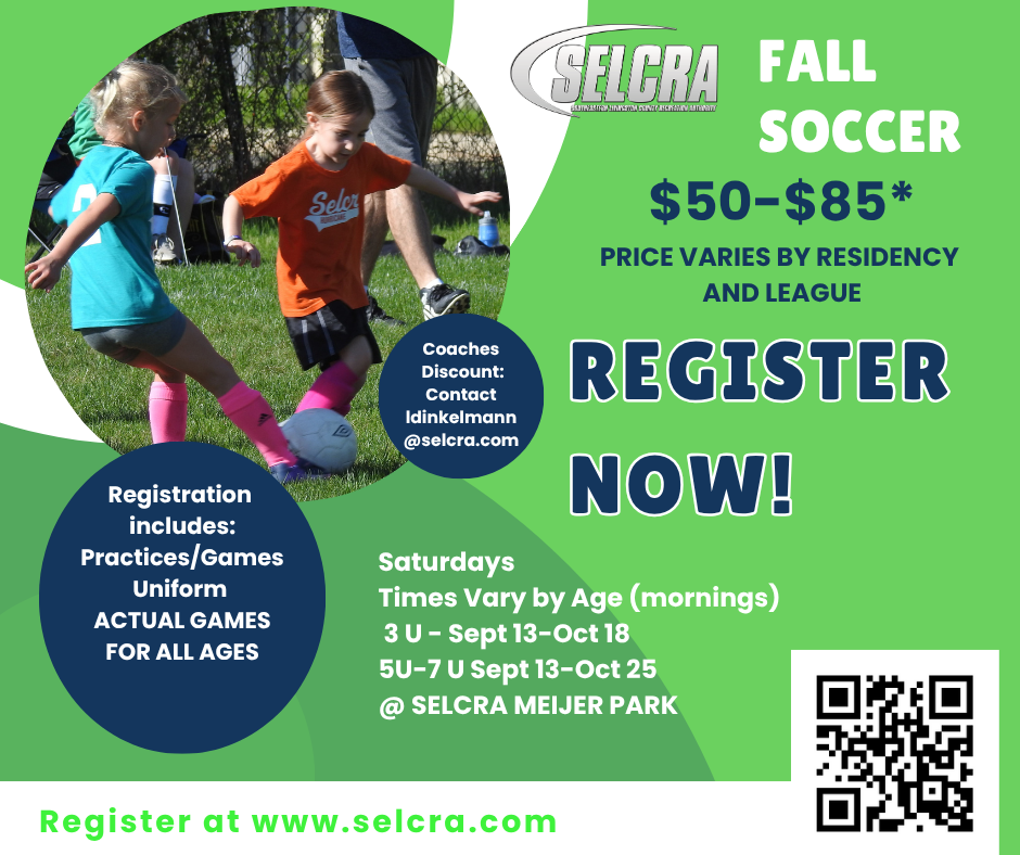 SELCRA fall soccer registration details and contact information.
