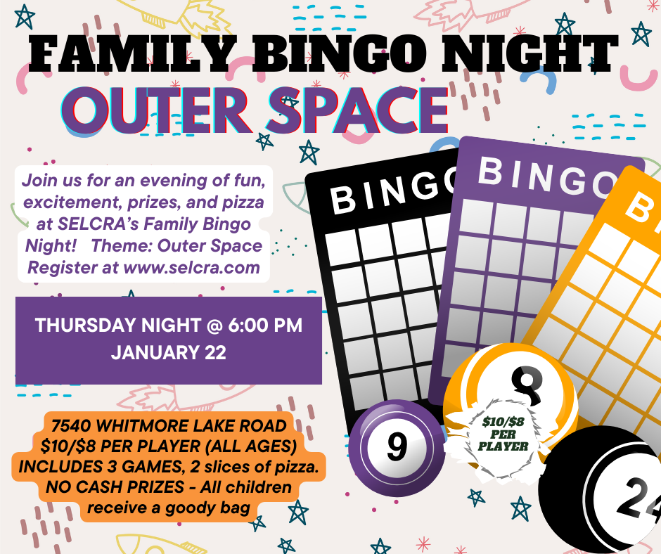 Outer space family bingo night with games and pizza.