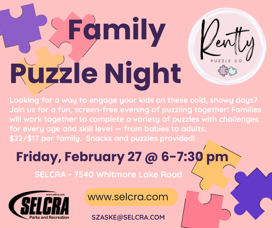 Family puzzle night event poster, February 27.