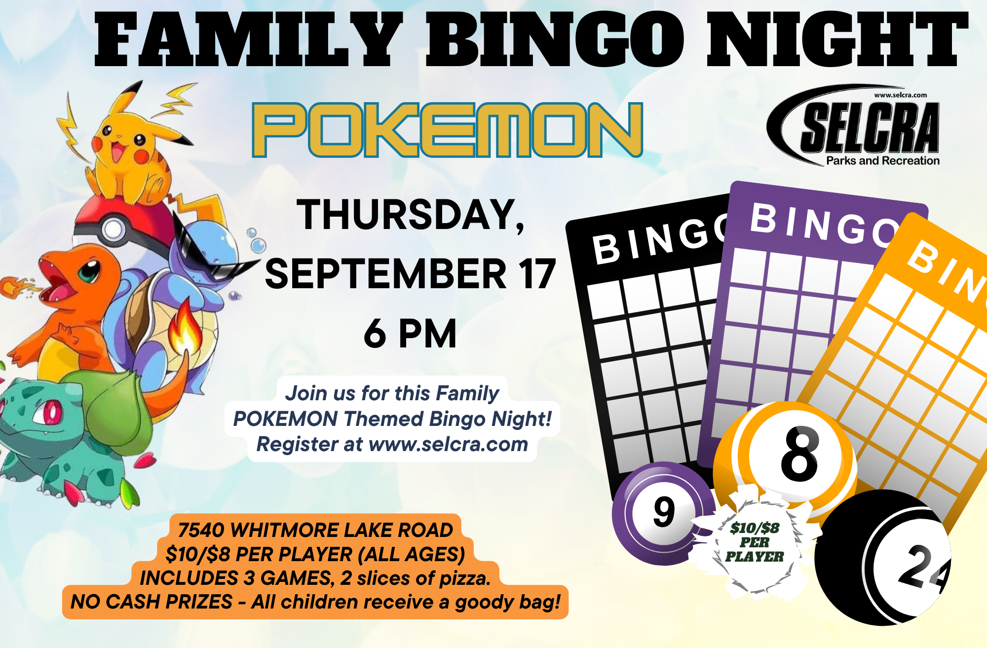 Pokémon-themed family bingo night event flyer