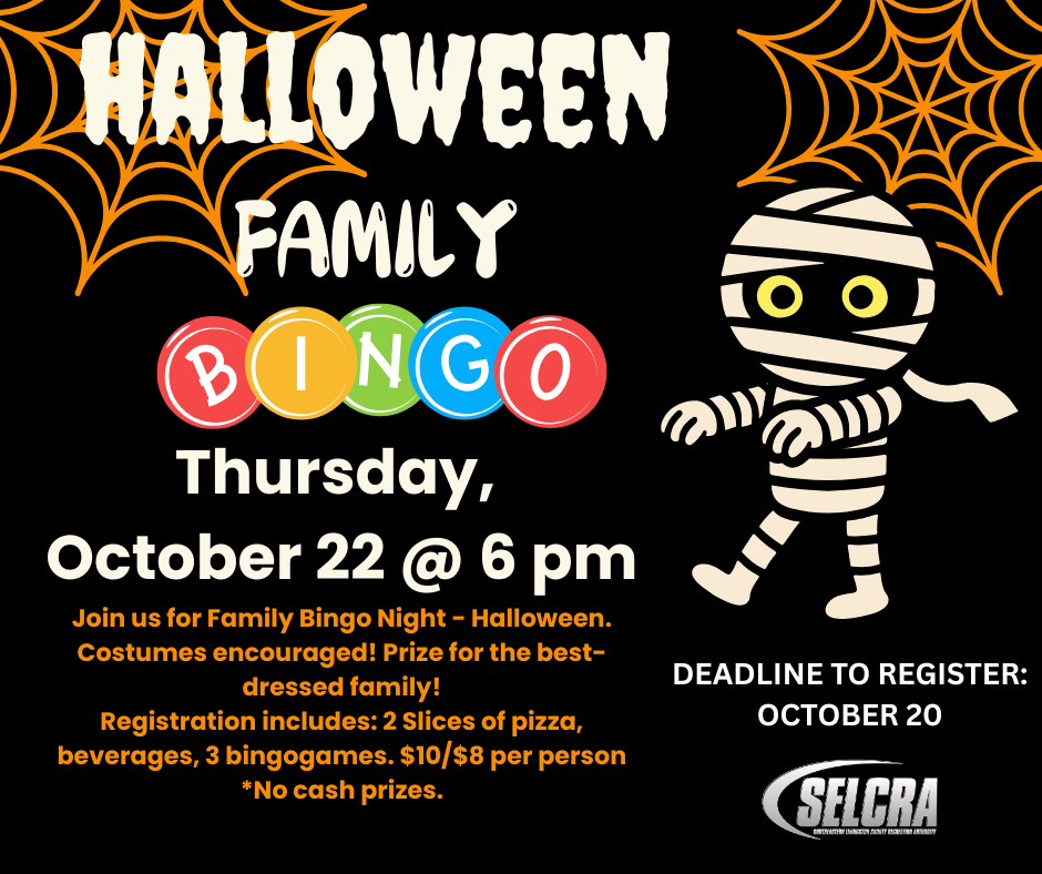 Halloween family bingo flyer with mummy and spiderwebs