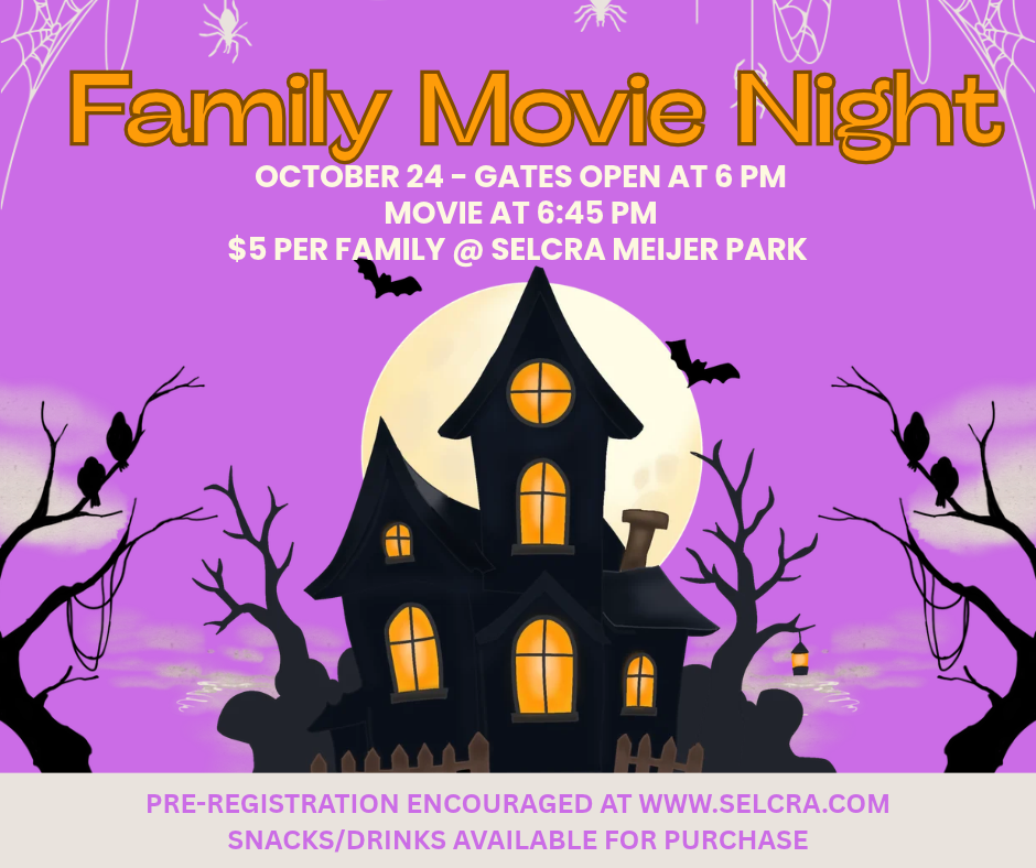 Halloween family movie night flyer with haunted house