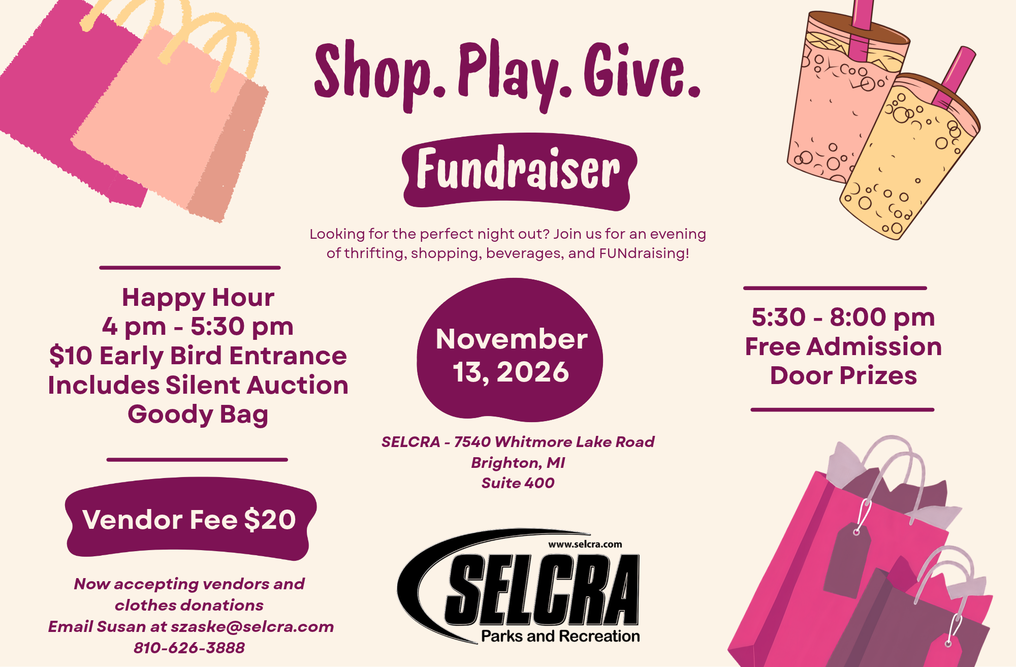 Shop Play Give fundraiser flyer with event details